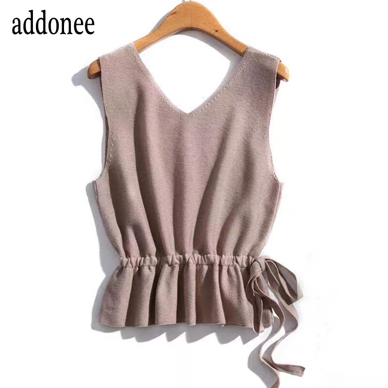 2020 mais recente estilo primavera verão outono feminino selvagem decote em v sem mangas de malha intelectual cordão camisola colete sólido