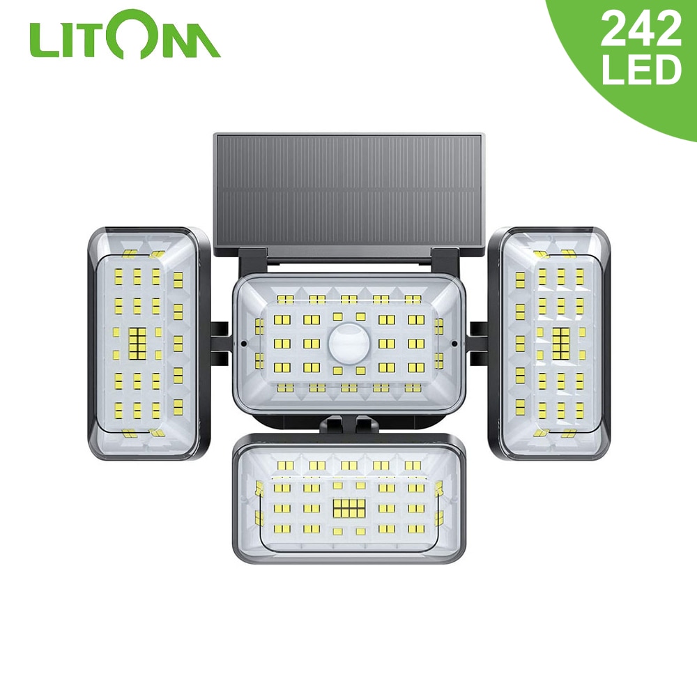 LITOM 242 LED Solar Lights Outdoor With Motion Sensor 4 Heads Security Waterproof Lights Solar Powered Flood Light for Garage