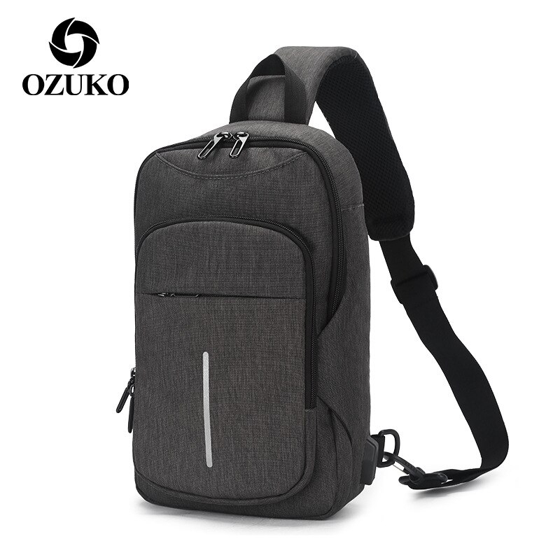 OZUKO Travel Multifunction Waterproof Men Chest bags External USB interface Single shoulder bag Chest Pack Crossbody Bag: dark grey