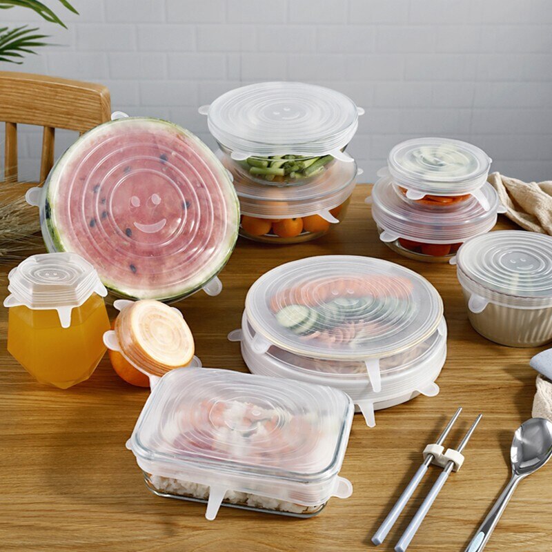 6Pcs Reusable Silicone Food Wrap Stretch Vacuum Seal Cover Saran Wrap Kitchen Tools Organization Food Fresh Keeping Sealed Lids