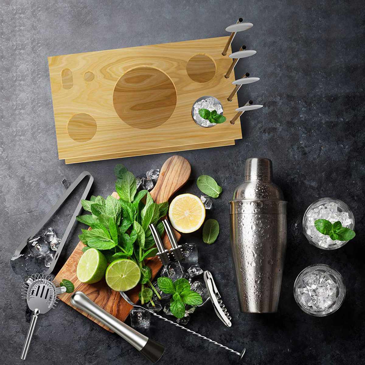 14pcs/set 550/750ml Stainless Steel Cocktail Shaker Mixer Drink Bartender Bareware Tools Set With Bamboo Wood Rack Stand