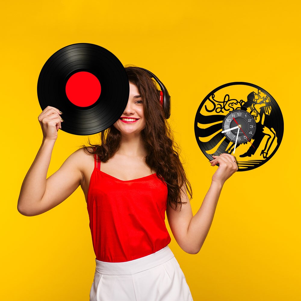 Reloj de pared Vintage para Danza Latina y Salsa, con silueta de pareja de baile, disco de vinilo, lámpara de pared para estudio de baile de salón Latino