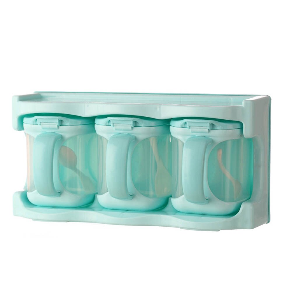 Boîte d'assaisonnement avec cuillères, récipients de cuisine, condiments, pots à épices en plastique, distributeur pour sel sucre Cruet NW: sky blue three grids