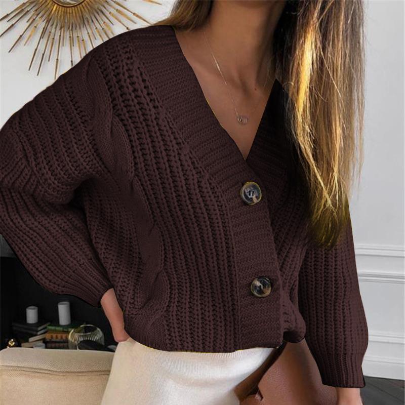 Cárdigan con cuello de pico, suéter para Mujer, cárdigan de punto de manga larga de otoño e invierno del , abrigo, chaquetas, suéter de punto para Mujer: coffe