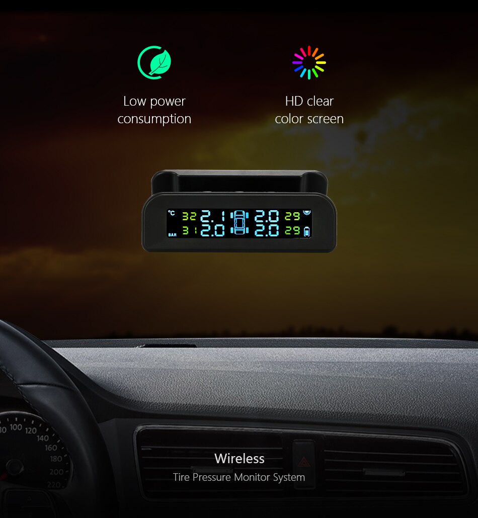 Develuck Car Tire Pressure Monitor System Solar Power Adjustable LCD Screen Automatic Brightness Control Wireless 5 Tire TPMS