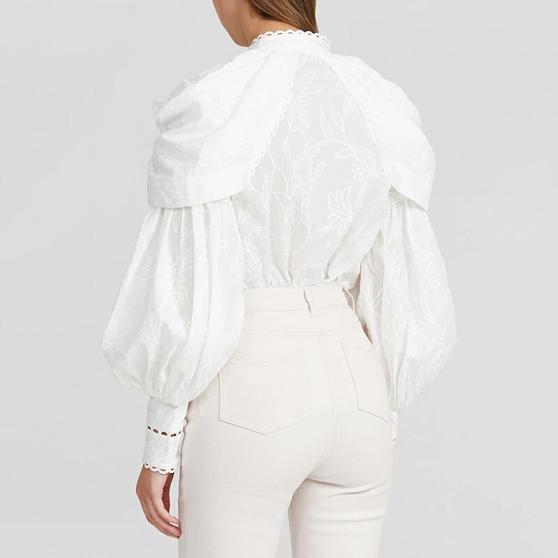 VGH-camisa con bordado blanco para mujer, blusa informal de manga farol con cuello levantado, Ropa nueva de para otoño