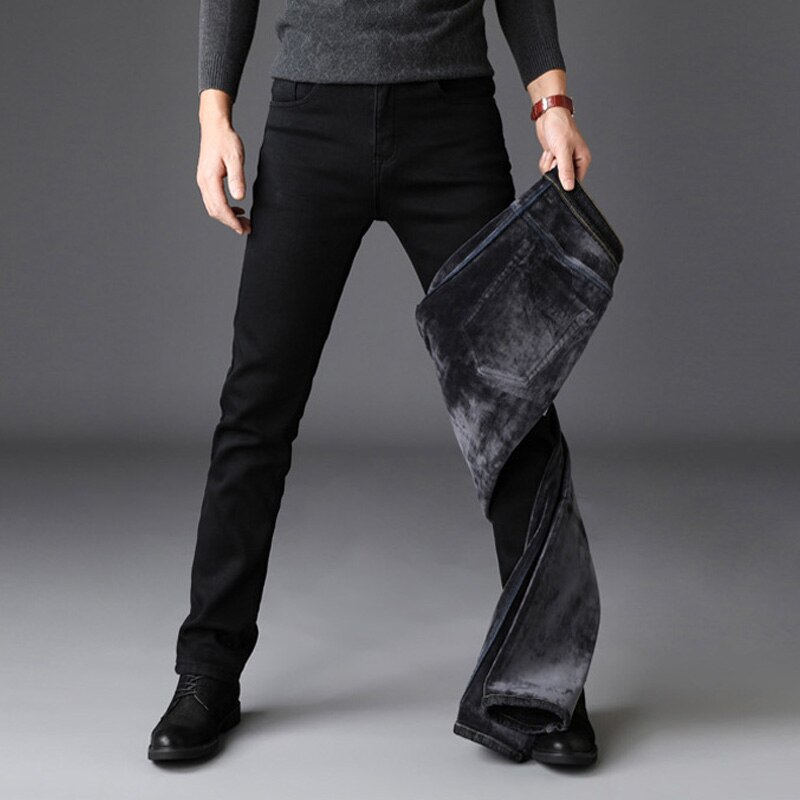 Men Black Slim Fit Stretch Thick Velvet Pants Elastic Warm Winter Jeans Jeans For Men Casual Business Fleece Jeans Homme: 29
