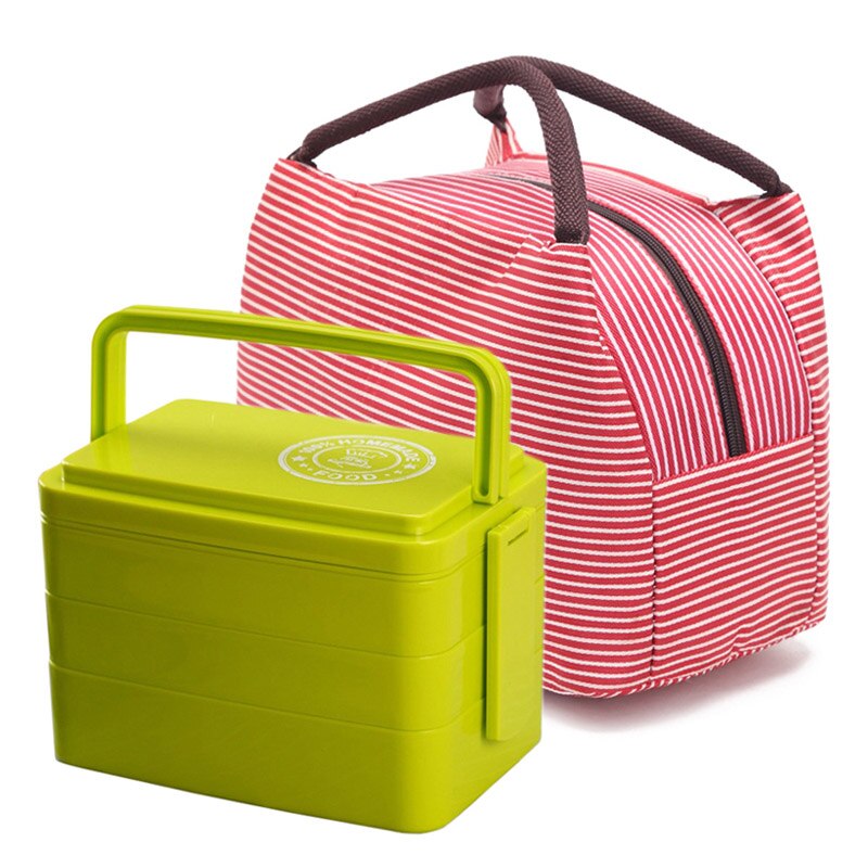 TUUTH Healthy Portable Lunch Box Multi-layer Microwave Heating Bento Boxes High Capacity Food Container Dinner Lunchbox Cutlery: 3 Layers-Green-Bag