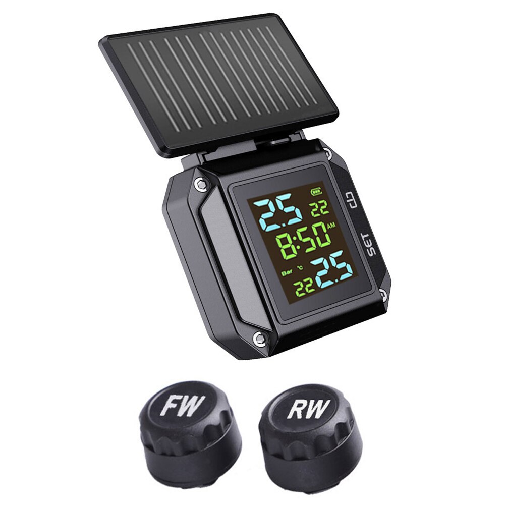 Draadloze Motorfiets Bandenspanning Alarm Lcd Display Solar Usb Charge 2 Externe Sensoren Tpms Tyre Temperatuur Monitoring Systeem