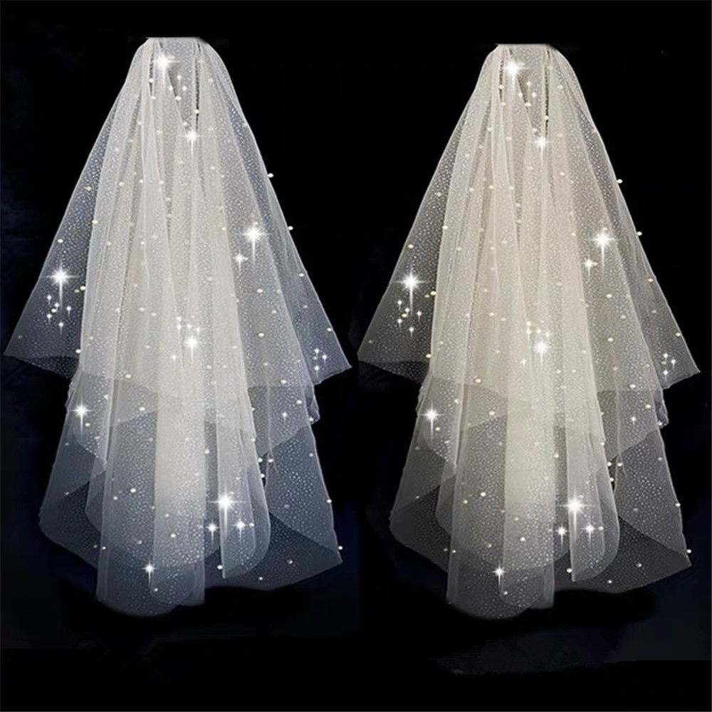 Bling Bling velo da sposa corto a dovuto strati da sposa lucido paillettes luccichio bianco Champagne maglia da sposa velo pettine in metallo lunghezza gomito