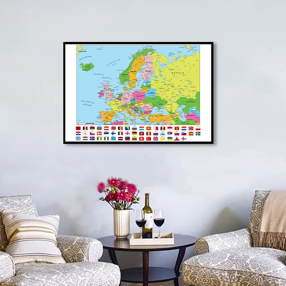 84*59cm The Europe Map with National Flags Wall Art Poster Canvas Painting Classroom Home Decoration Kids School Supplies