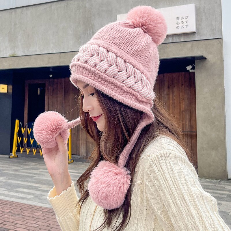 2022 Women Winter Ear Cap Ladies Woolen Hat Korean Earflap Knitted Outdoor Warm Snow Fiuffy Pompom Windproof Ski Cap: Pink