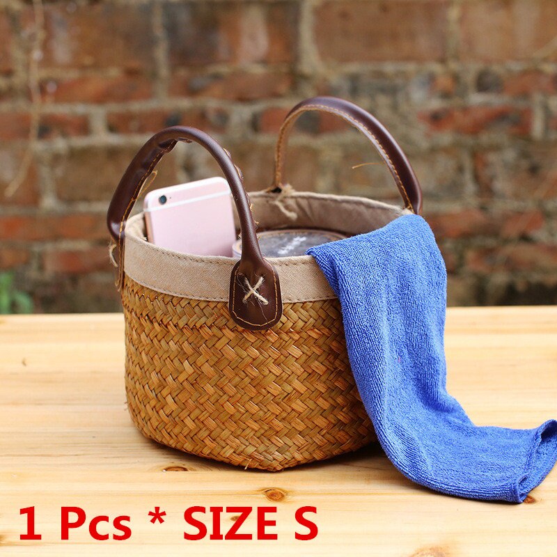 Cesta de mimbre hecha a mano con asa, Mini cesta de almacenamiento, cesta tejida Vintage para algas, maceta, jarrón, contenedor para artículos varios: S