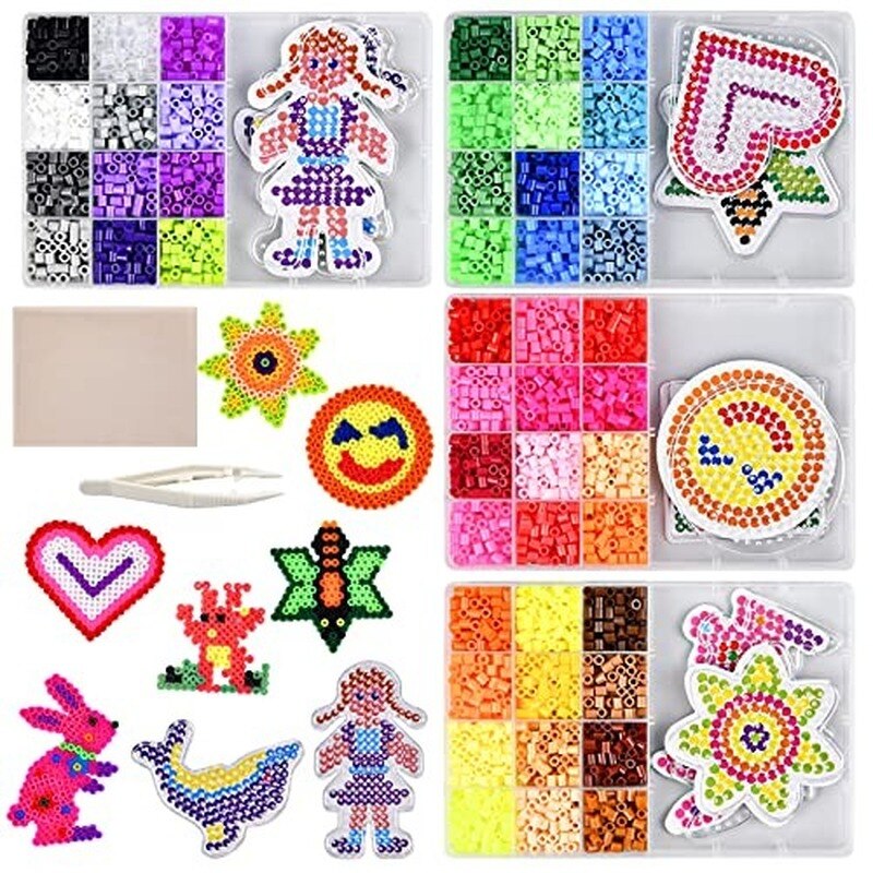 2400Pcs Fuse Beads Kit 5mm Iron Beads Set with 4 Pegboards 4 Pattern Card 2 Ironing Paper 1 Tweezer Box for Kids Children