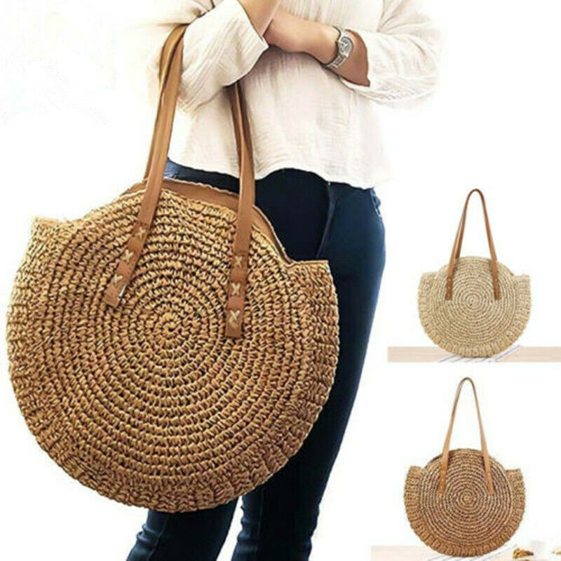 Bolso de mano tejido bohemio para mujer, bolso de playa de verano, bolso de paja, bolsos de hombro redondos de ratán