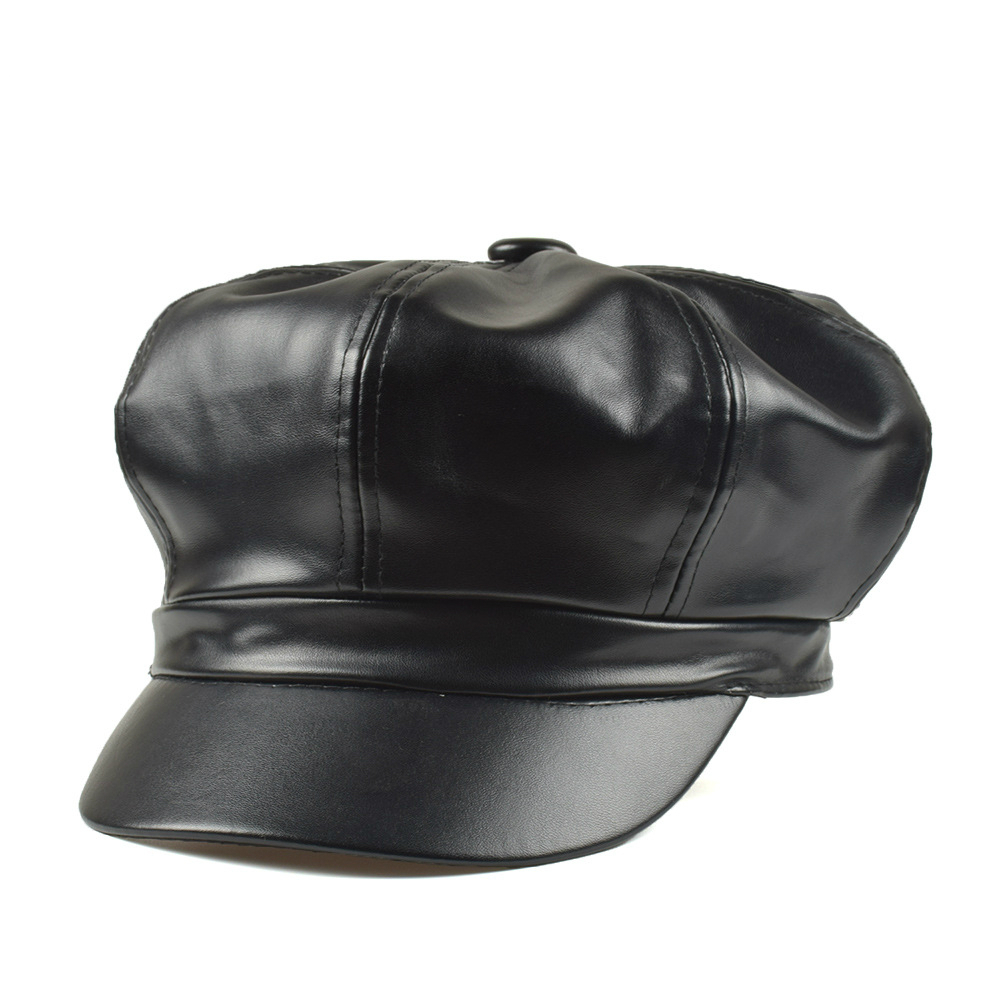Hoaree rød newsboy cap pu skinn solid åttekantet cap høst vinter vintage damer flat cap hun beret lue