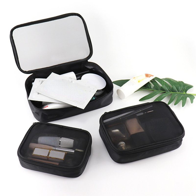 Sort mesh kosmetiktaske til kvinder #39 toiletsæt gennemsigtig makeup-arrangør vaskepose lille stor make-uptaske