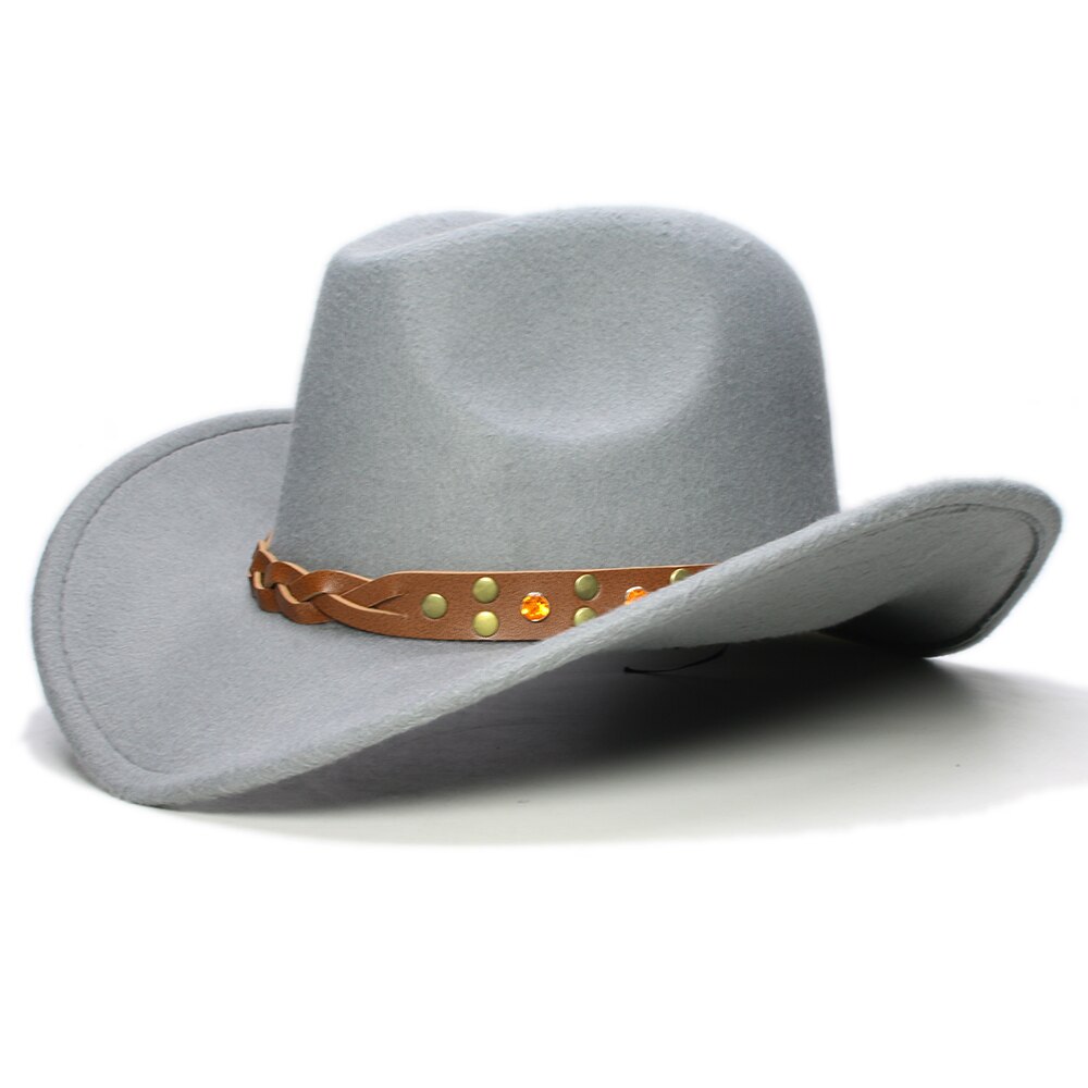Retro Turquoise Yellow Crystal Band Parent-child Unisex /Kid Wool Wide Brim Cowboy Western Hat Cowgirl Bowler Cap (57cm/54cm): Gray / Kid Size 54cm