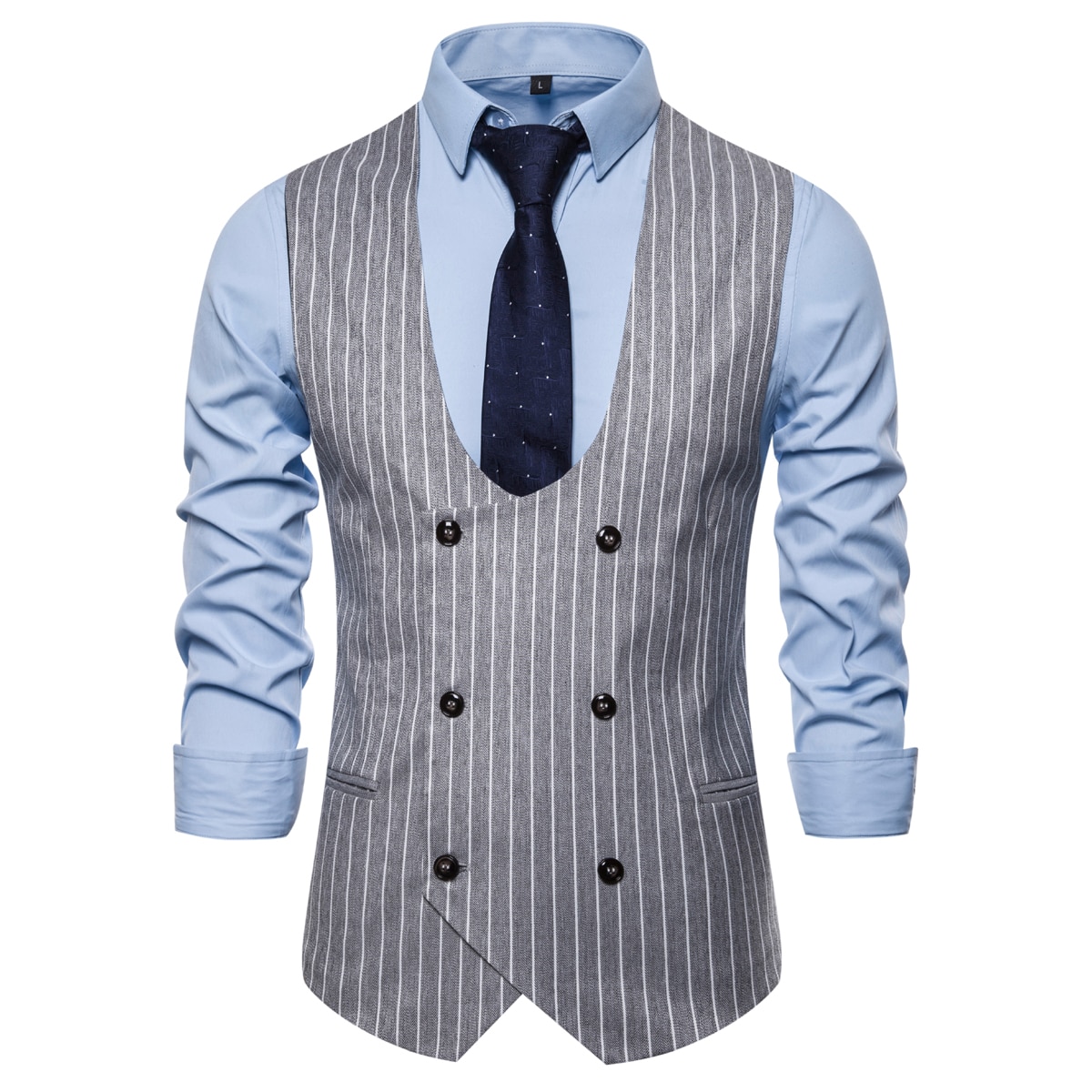 Mærke i engelsk stil jakkesæt vest med u-hals dobbeltradet vest slim fit stribet vest til bryllup chalecos para hombre: Lysegrå jakkesætsvest / Asiatisk størrelse xxl