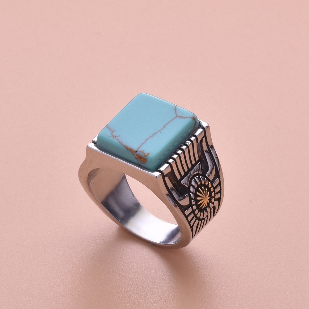 Boho Stamm Geometrische Platz Türkisen Verkrustete Stein Ringe Jahrgang Antike Handgemachte Geschnitzte Blume Ringe Indische Schmuck