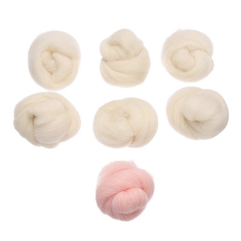 7Pcs Vilten Wol 6 Stuks Wit + 1Pc Roze 35G Naaldvilten Natuurlijke Wol Rovings Voor 3D dier Projecten Spinning