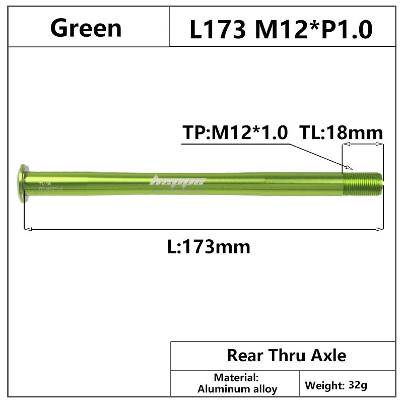 HEPPE – axe de moyeu arrière multicolore pour vtt et vélo de route, brochettes 12x142/12x148, 173mm M12xP1.0, dégagement rapide: Green Color