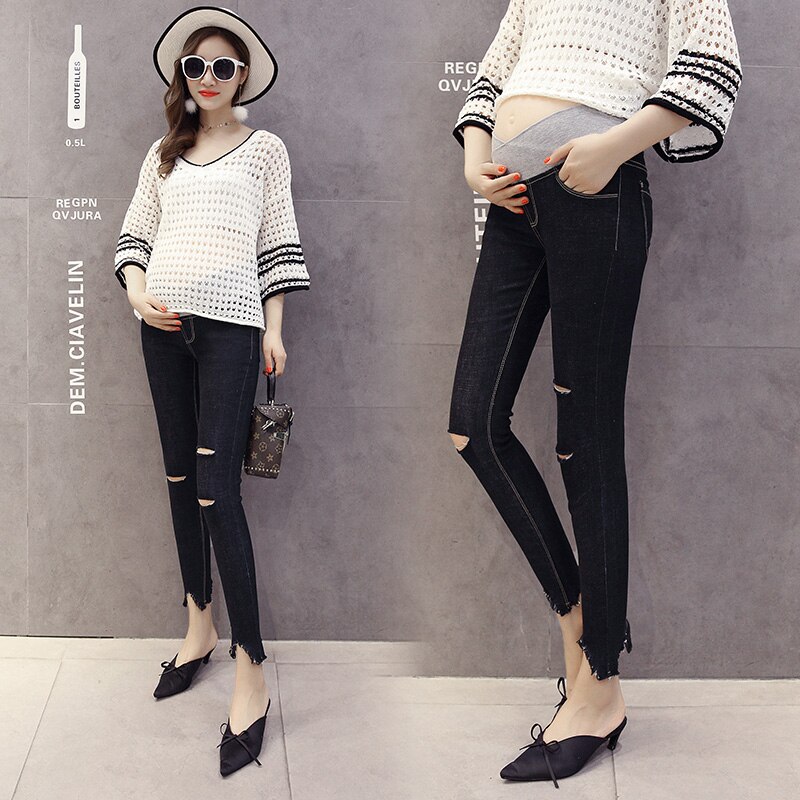 Pantalones vaqueros de maternidad para mujeres embarazadas, ropa de Lactancia, embarazo, pantalones ajustados, ropa de maternidad: Negro / XXL