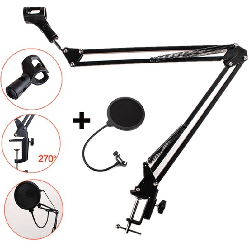 Extendable Microphone Scissor Suspension Arm Stand NB-35 Mic Holder Tripod Windscreen Shield wth Mic Clip Table Mounting Clamp