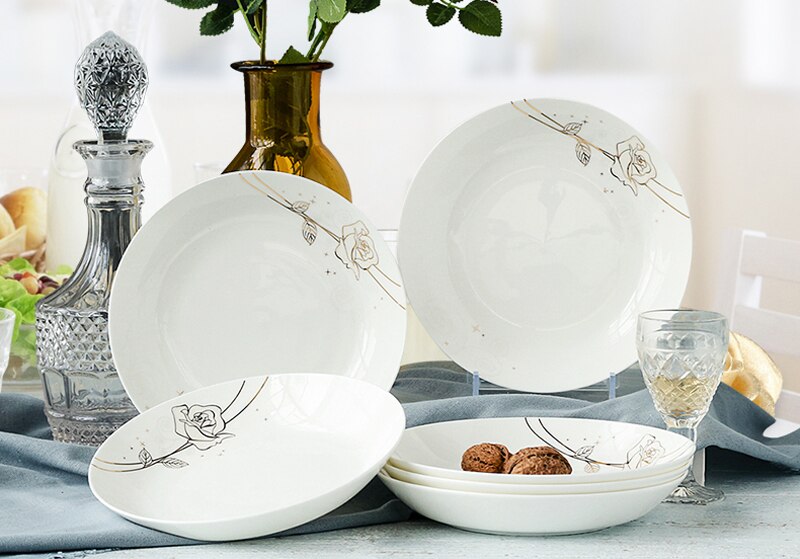 4pcs set, 8 inch, bone china dinner plates, golden rose, porcelain plates for food, ceramic dishes for serving, dinner plate set