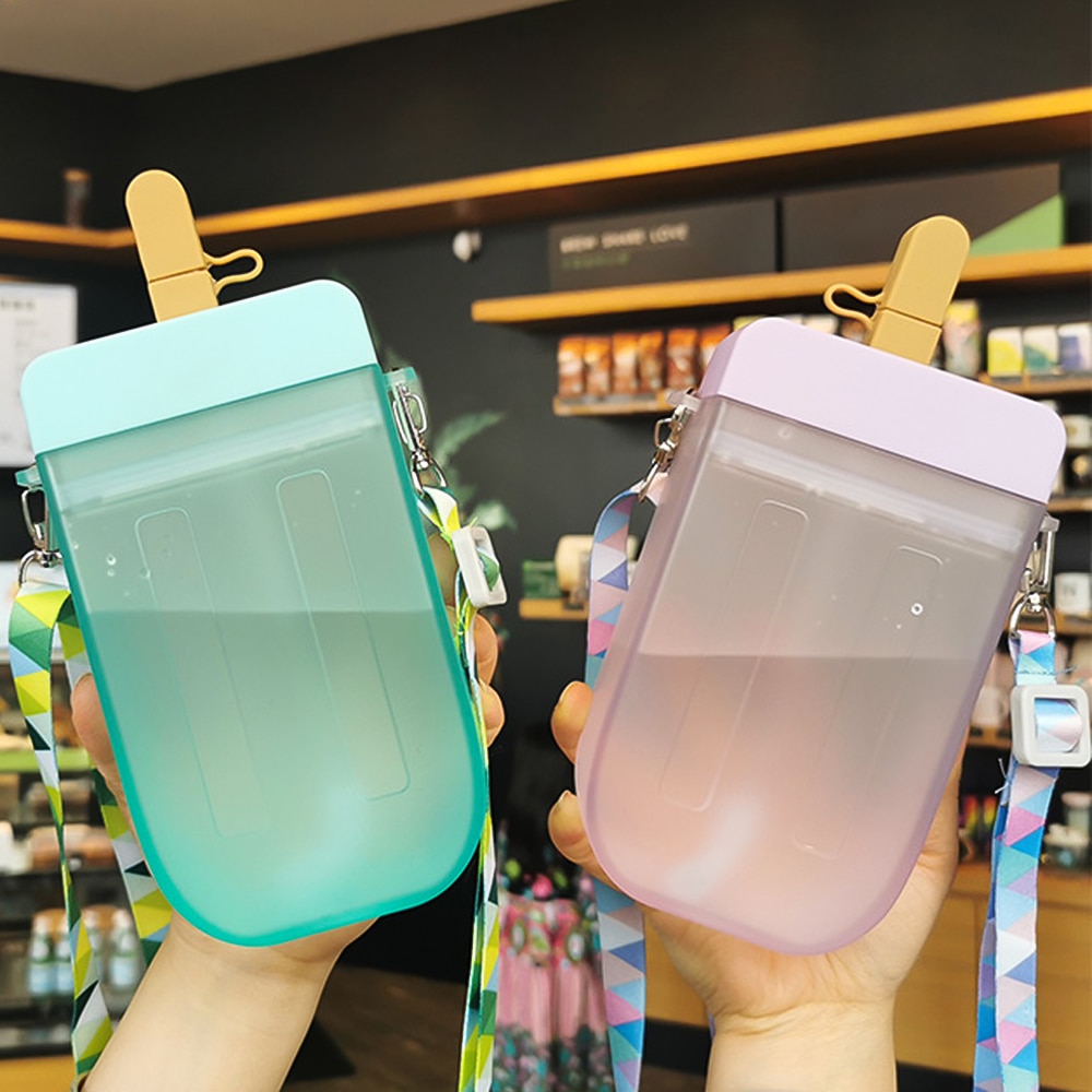 Cute Popsicle Ice Bar Water Bottle Transparent Juice Drinking Cup With Straw Strap Belt Popsicle Bottle With Straw Popsicle Wate