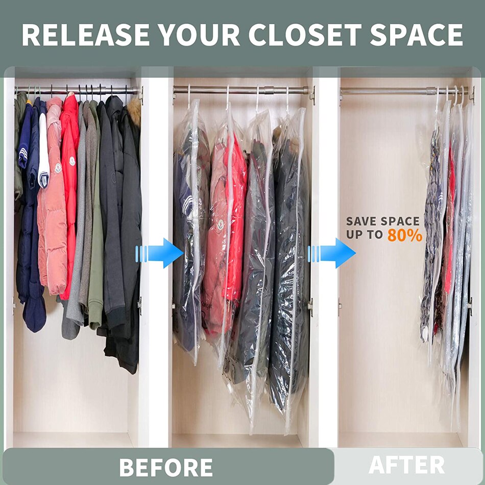 Hanging Vacuum Storage Bag Closet Organizer Space Saving Clear Seal Wardrobe Storage Bags With Hanger For Coats Jackets Suit
