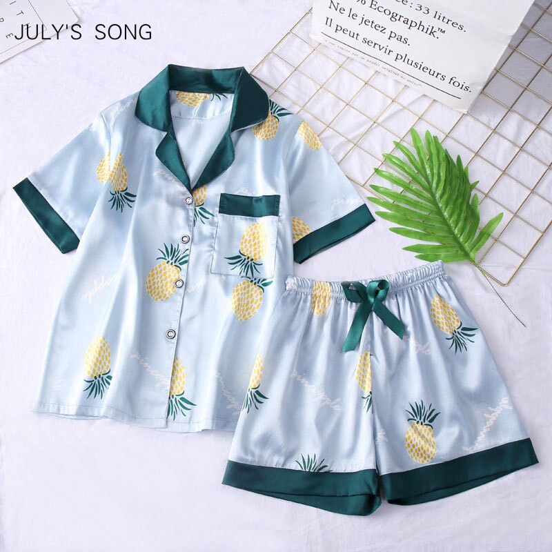 JULY'S LIED vrouwen Faux Zijden Pyjama Set 2 Stuks Korte Mouwen Nachtkleding Pyjama Pak Shorts voor Vrouwelijke Pyjama Lounge