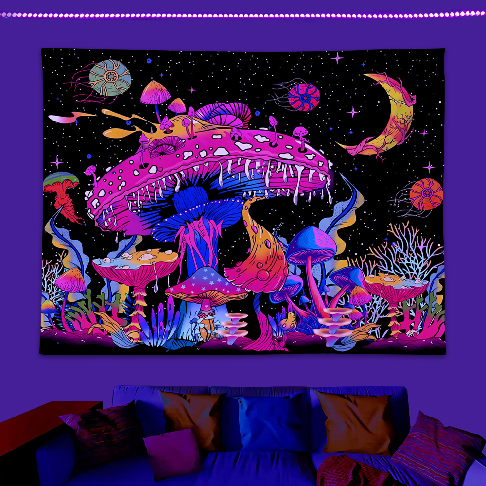 1 tapiz de setas de colores fluorescentes, luz negra ultravioleta, planta natural, bosque, Luna, flor, misterioso tapiz de cielo nocturno
