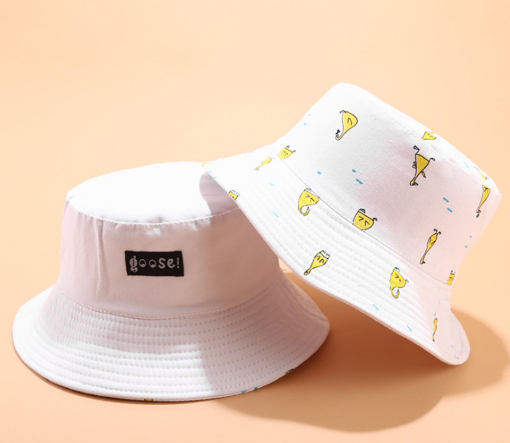 Portable des deux côtés Panama seau casquette unisexe coton dessin animé seau chapeau hommes femmes Bob casquette Hip Hop pêche en plein air jaune chapeau: WHITE