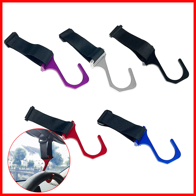 Aluminum Steering Wheel Hook – Adjustable Nylon Strap Car Mount Accessory (For Phone, Keys, Sunglasses)