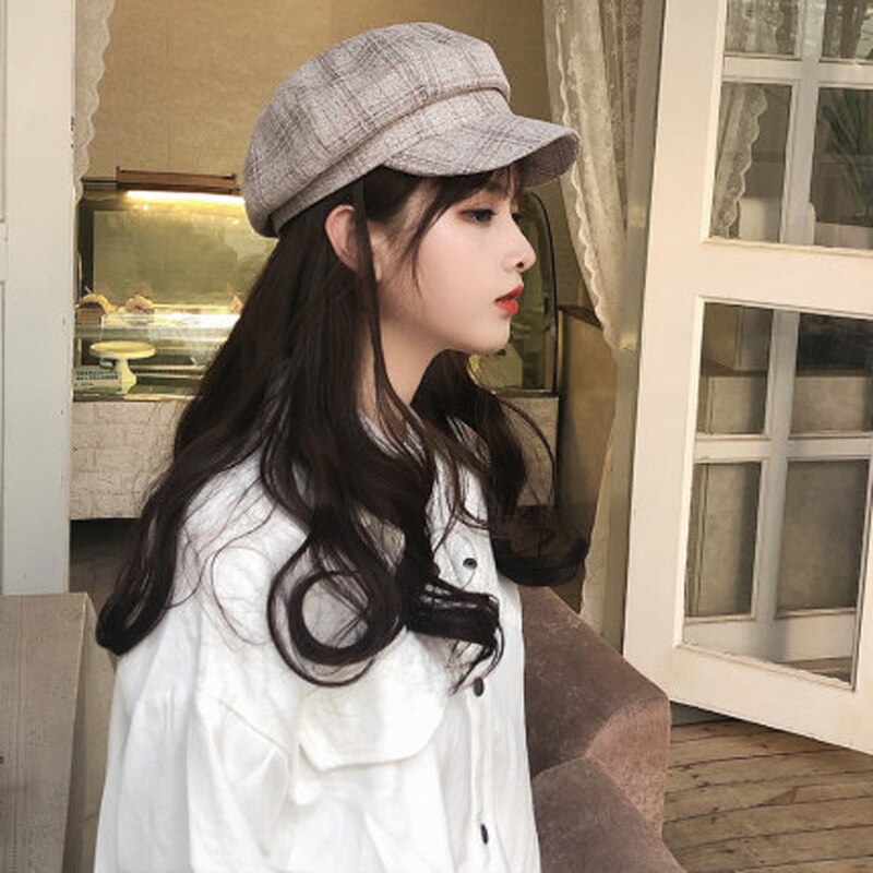 Foux-gorros de tela escocesa para mujer, boina octogonal de cuero con cuerda ajustable a rayas, estilo coreano, para verano,