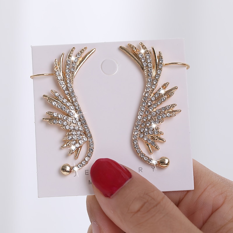 Angel Wing Full Rhinestone Ear Cuff Popular Leaf Shaped Clear Crystal Jewelry Women Party Clip Earring Punk Style