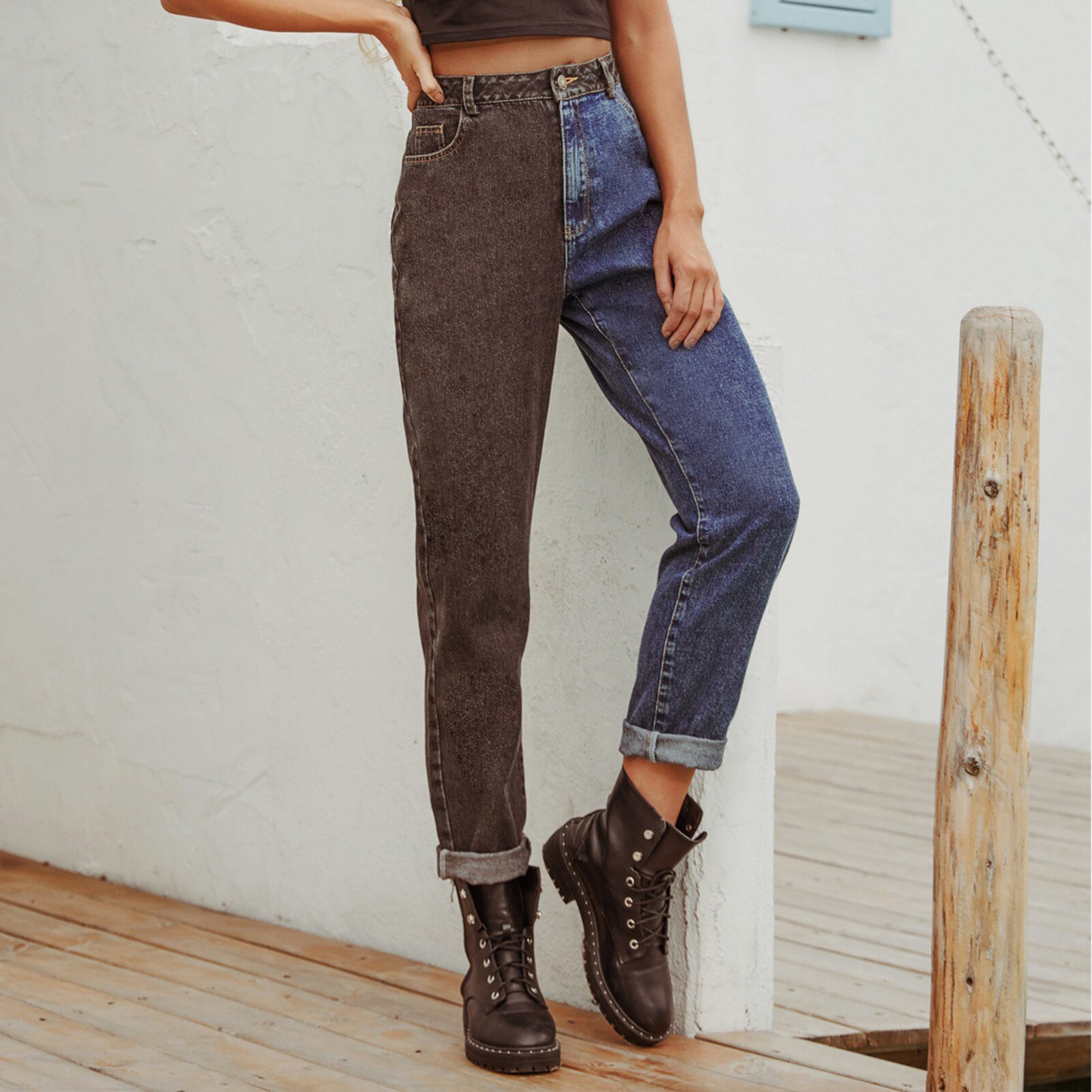 Jean Denim taille haute pour femmes, jean droit, deux tons, noir, bleu, décontracté,