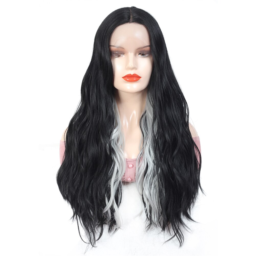 Split Color 2 Part Splice Wig Ombre Brown and Pink Trendy Lace Front Wigs Long Natural Wave Hair X-TRESS Heat Resistant Fibre: S2 1B-Gray