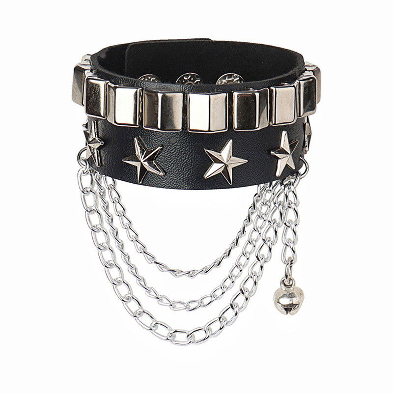 2023 Punk estrella picos remache cráneo tachonado pulsera negro Pu pulsera de cuero hombres mujeres joyería gótica accesorios góticos: Color oro puro