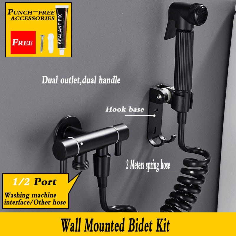 Zwart Messing Badkamer Bidet Kraan Hoge Druk Bidet Spuit Wc Kraan Dual Outlet Dual Handvat Wc Wasmachine Met Haak Tap: full set 1