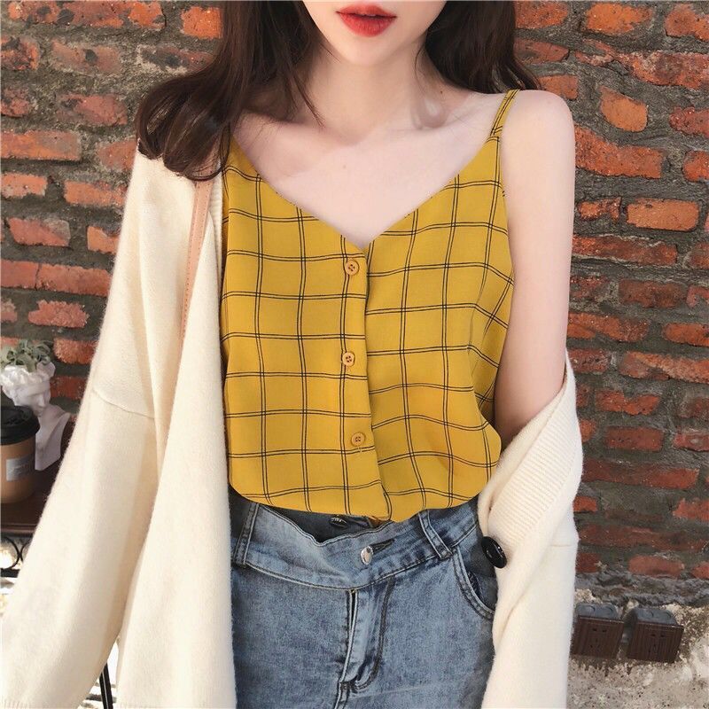 Women Plaid Sling Shirt Female Short Sleeve Elastic Blouse Summer Lady Small Tops