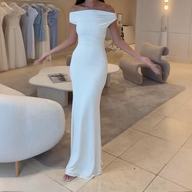 Fransk stil omlottklänning i höfter och smal enfärgad bankettlång klänning med snedskuren krage och off-shoulder-krage: Xs / Svart