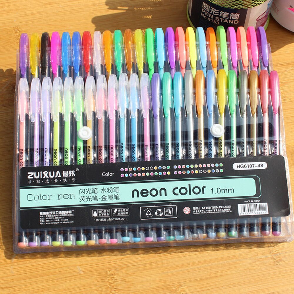 48 farver gel penne sæt farve glitter metalliske penne til børn studerende tegning papirvarer skole kontorartikler værktøj: Default Title