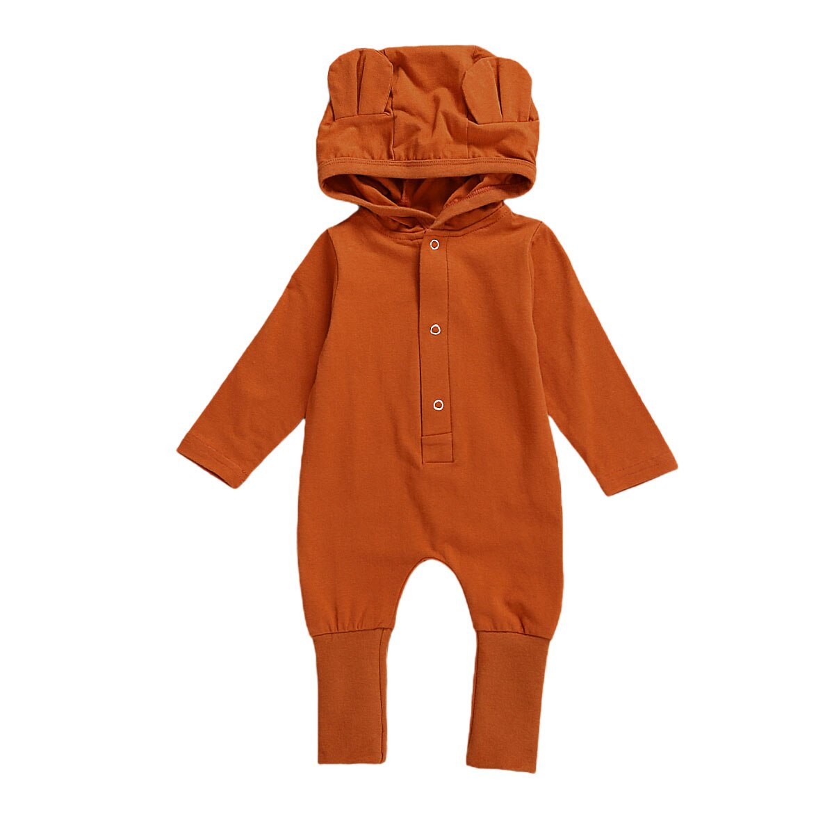 Focusnorm 0-18M Herfst Winter Kids Meisjes Jongens Warm Jumpsuits Effen 3D Oren Capuchon Lange Mouw Knop Rompertjes: Bruin / 3M