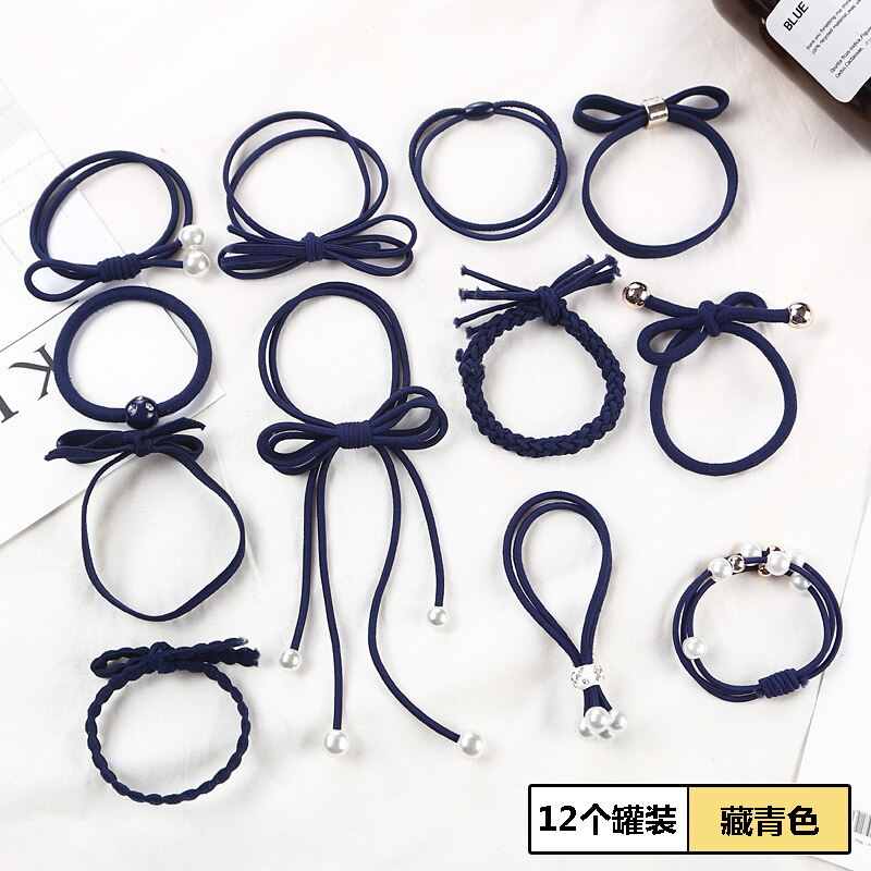 12-Pieces Girls Pink Hair Rope Hairband Korean-Style Headwear Set Hair Tie Rubber Band Hair Rope Boutiques: Tz04 Navy 12 Pieces