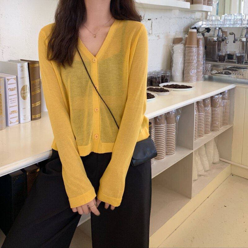 Summer Female Knit Thin Cardigan Sweater Coat Female Knitted Summer Full Sleeve Outwear Jacket Women: Yellow