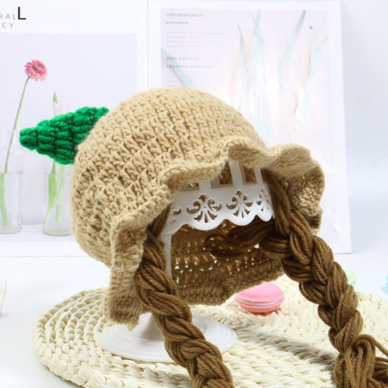Bebis barn stickad peruk mössa handgjorda småbarn barn äppelstjärnor ull kntting kepsar flätor foto rekvisita huvudbonader 1-5 år: L