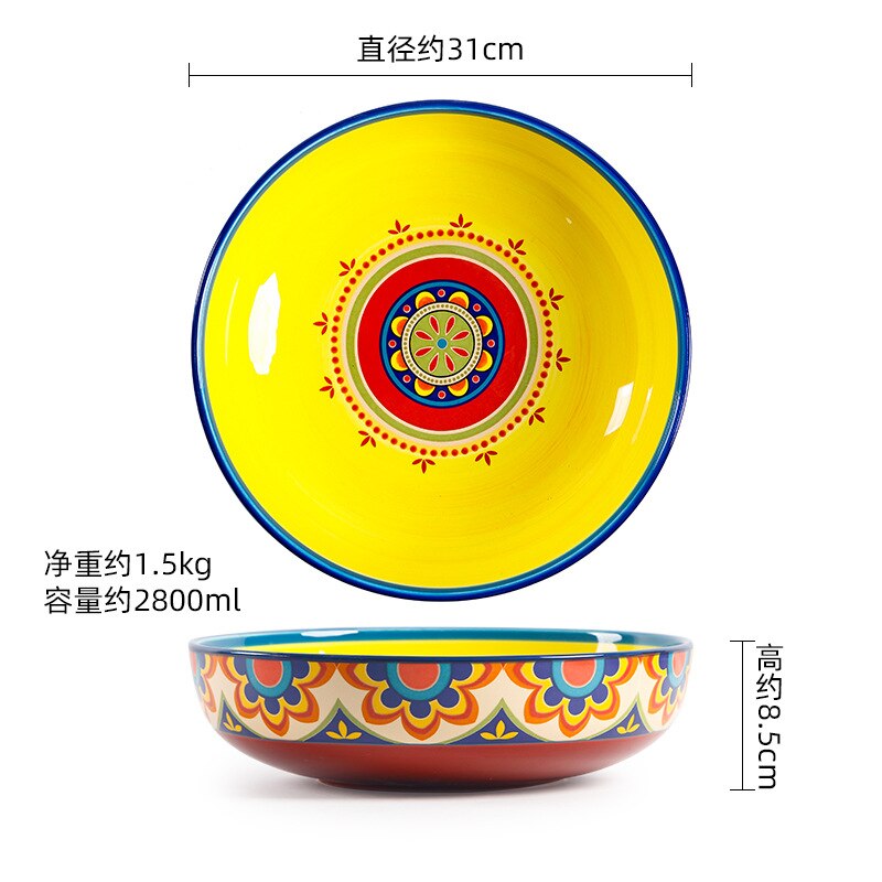 Série latine bols à salade en céramique créatifs, plats occidentaux peints à la main, bols à riz maison sous glaçure, ensemble d'assiettes à nouilles: 12 inch salad bowl