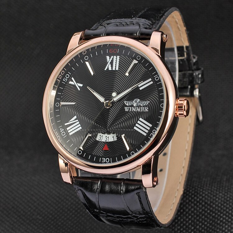 Winnaar Auto Datum Rose Gouden Mechanische Classic Rome Dial Self-Kronkelende Horloges Business Casual Unisex Lederen Horloge